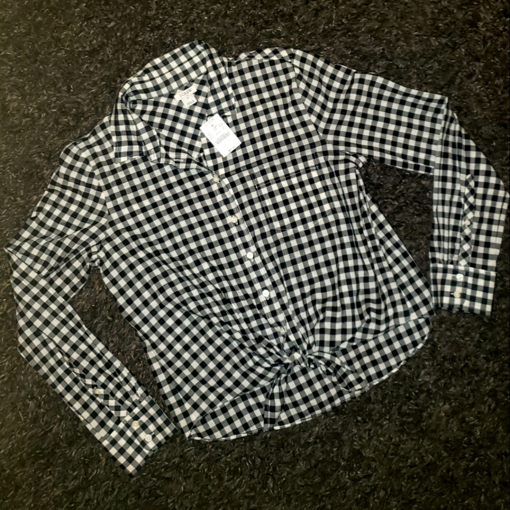 J Crew button down tie gingham shirt.